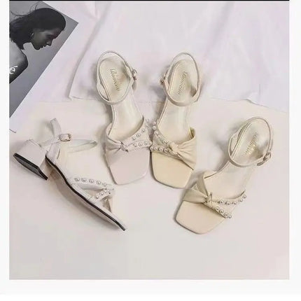 New Summer 2026 Sandals with Chunky Heels and Fairy-Style Straps with Pearls, Versatile Fashionable Women's Shoes
