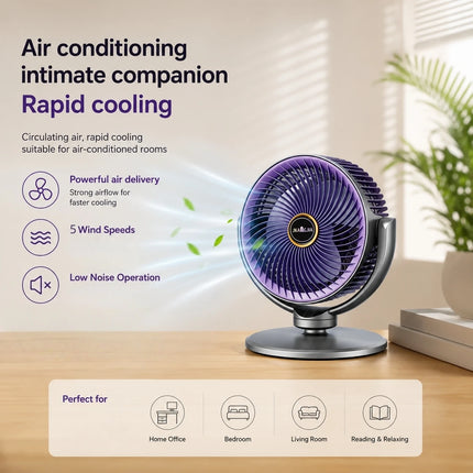Ventilatore da Terra e da Tavolo 2-in-1 Moderno, 5 Velocità, Potente Flusso d'Aria, Ventilatore USB Portatile per Casa, Camera da Letto, Ufficio