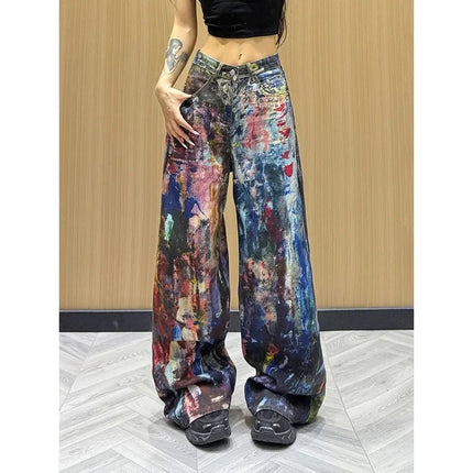 Jeans Americani da Donna a Vita Alta e Gamba Dritta, Pantaloni in Denim Colorati con Effetto Schizzi d'Inchiostro, Pantaloni Larghi Stile Cowboy per l'Autunno