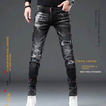 High Street  2022 Fashion Casual Ripped Jeans Men's Patch Teenagers Cowboy Paint Splash Ink Black Pencil Pants Skinny Jeans Men PlatiNum