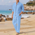 Men's Retro Cotton And Linen Set, Spring And Autumn Fashion Stand-up Collar Pocket Long Pants Long-sleeved Two-piece set PlatiNum