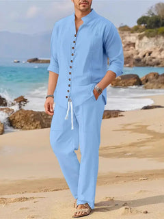Men's Retro Cotton And Linen Set, Spring And Autumn Fashion Stand-up Collar Pocket Long Pants Long-sleeved Two-piece set