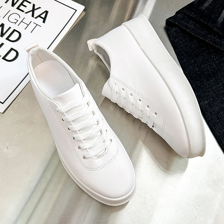 Fashion Thick Sole Black White Soft Men Leather Shoes Platform Men Casual Board Shoes Walking Sport Shoes Lightweight Work Shoes