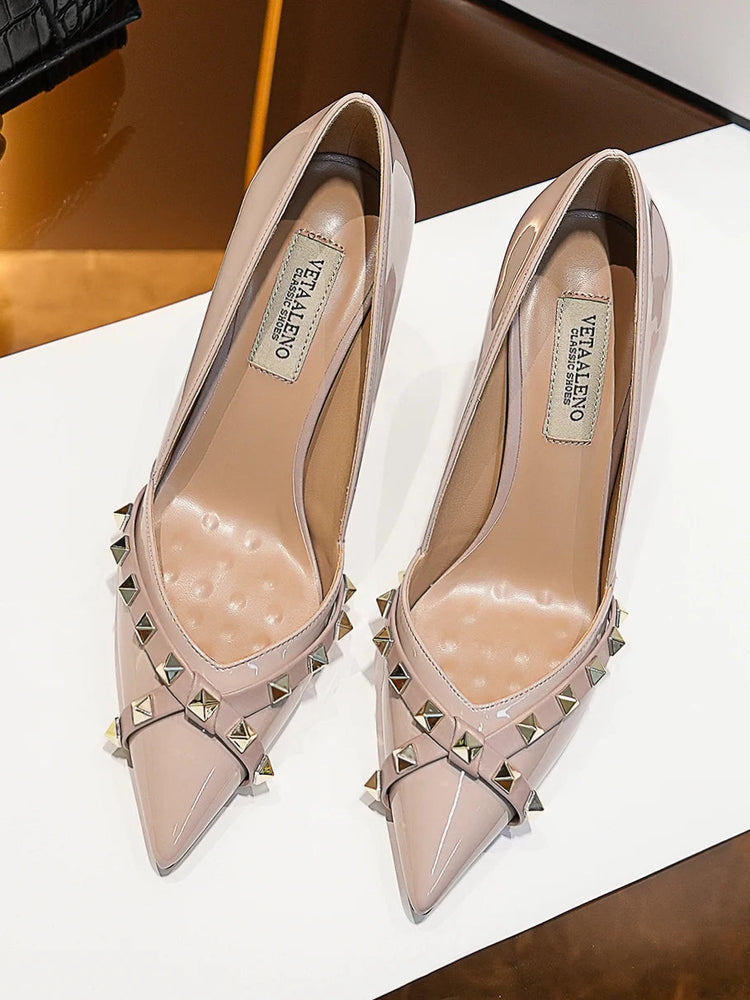 【Misurati la lunghezza dei piedi prima di ordinare】Scarpe da donna con tacco a spillo sottile e punta a punta con rivetti, scarpe eleganti da festa 120-CHC-33 platinumshop