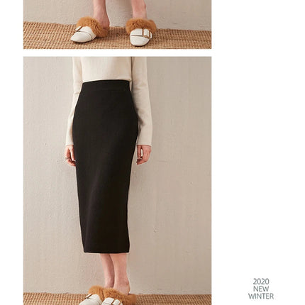 100% pure wool skirt new women's autumn and winter mid-length high-waisted thin cashmere skirt knitted all-match hip skirt PlatiNum