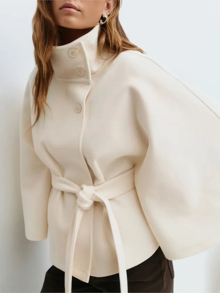 Autumn And Winter New Fashion Solid Color Cloak Stand-up Collar Button Belt Windbreaker Jacket Women's Temperament Commuting Top