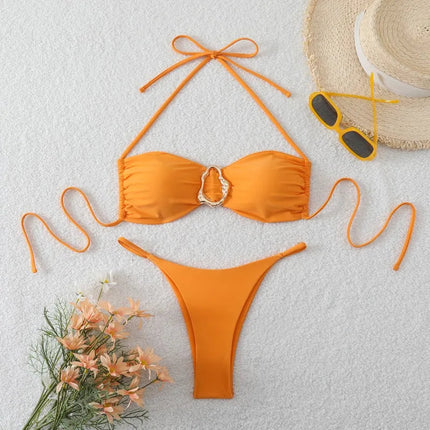 Costume da Bagno da Spiaggia alla Moda, Set Bikini a Perizoma per Donna, Sexy Costume da Bagno a Triangolo con Lacci, Due Pezzi, Stile Brasiliano, Tinta Unita platinumshop
