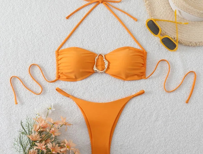 Costume da Bagno da Spiaggia alla Moda, Set Bikini a Perizoma per Donna, Sexy Costume da Bagno a Triangolo con Lacci, Due Pezzi, Stile Brasiliano, Tinta Unita platinumshop