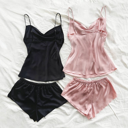 Set pigiama in raso solido Sexy da donna estivo Top e pantaloncini set di quattro pezzi morbido e confortevole