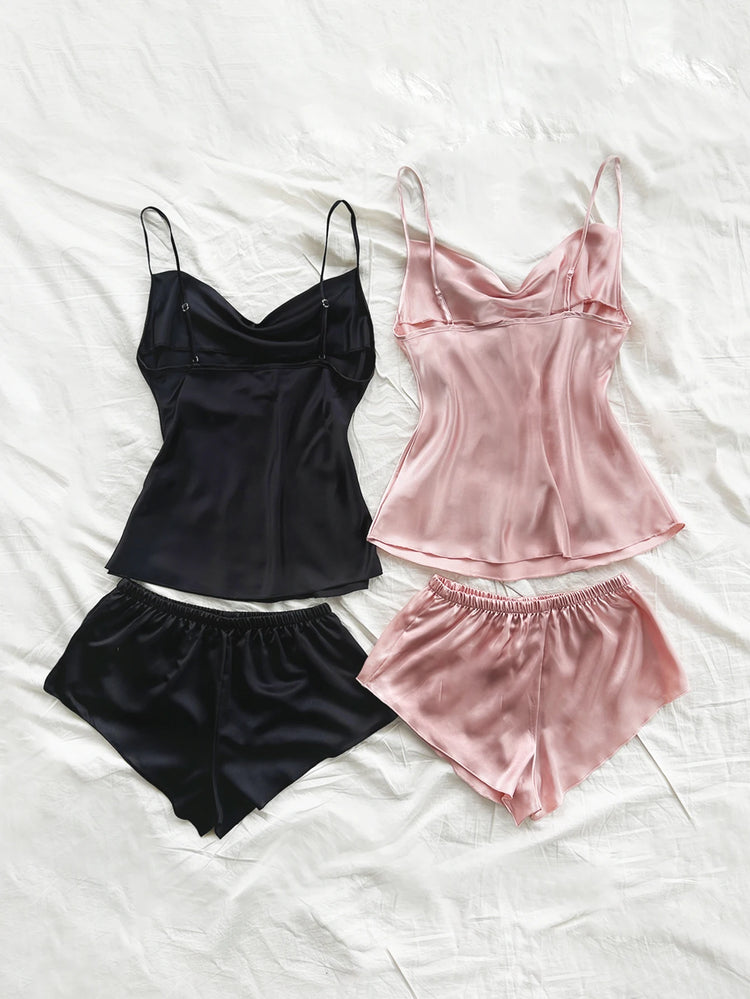 Set pigiama in raso solido Sexy da donna estivo Top e pantaloncini set di quattro pezzi morbido e confortevole