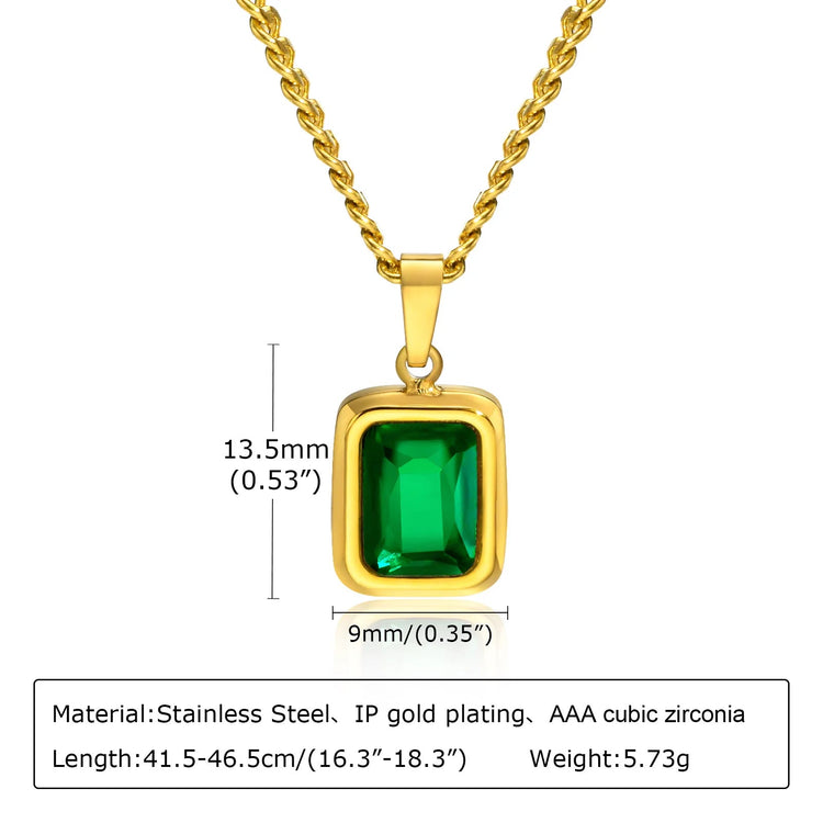Retro Green Zircon Pendant Necklace For Women, Crystal Stone Chain Stainless Steel Gold Plated Luxury Birthday Gifts PlatiNum