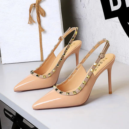 Donne 9.5 cm Tacchi alti Lady Pelle verniciata con borchie Tacco a spillo Singolo cinturino alla caviglia Tacchi Décolleté Scarpe da ballo traspiranti femminili platinumshop