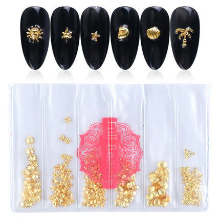 12 Grids Gold Nail Art Alloy Studs Seaside 3D Decorations Sea Shell Star Nail Charm Metal Frame Rivets Nail Sequin Accessories