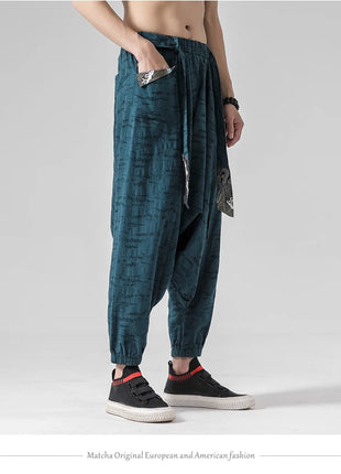 Pantaloni a gamba larga da uomo in cotone e lino casual oversize Harajuku pantaloni alla moda da uomo samurai giapponese retrò Ukiyo-e stampa pantaloni con cintura da uomo