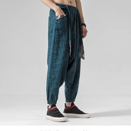 Pantaloni a gamba larga da uomo in cotone e lino casual oversize Harajuku pantaloni alla moda da uomo samurai giapponese retrò Ukiyo-e stampa pantaloni con cintura da uomo