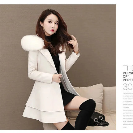 2023 New Winter Women's Woolen Blend Coat A-Line Double-Breasted Jackets Female Fur Collar Office Lady Wool Outwear