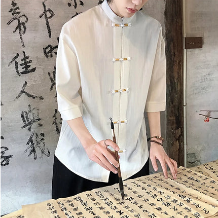 Camicia sottile estiva da uomo in stile giapponese tradizionale retrò in lino a maniche corte traspirante comoda camicia casual da uomo alla moda
