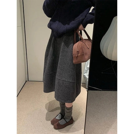 Vintage Woolen Midi Skirt Women Harajuku Streetwear High Waist Skirts Autumn Winter Ladies Korean Casual Design A Line Faldas PlatiNum