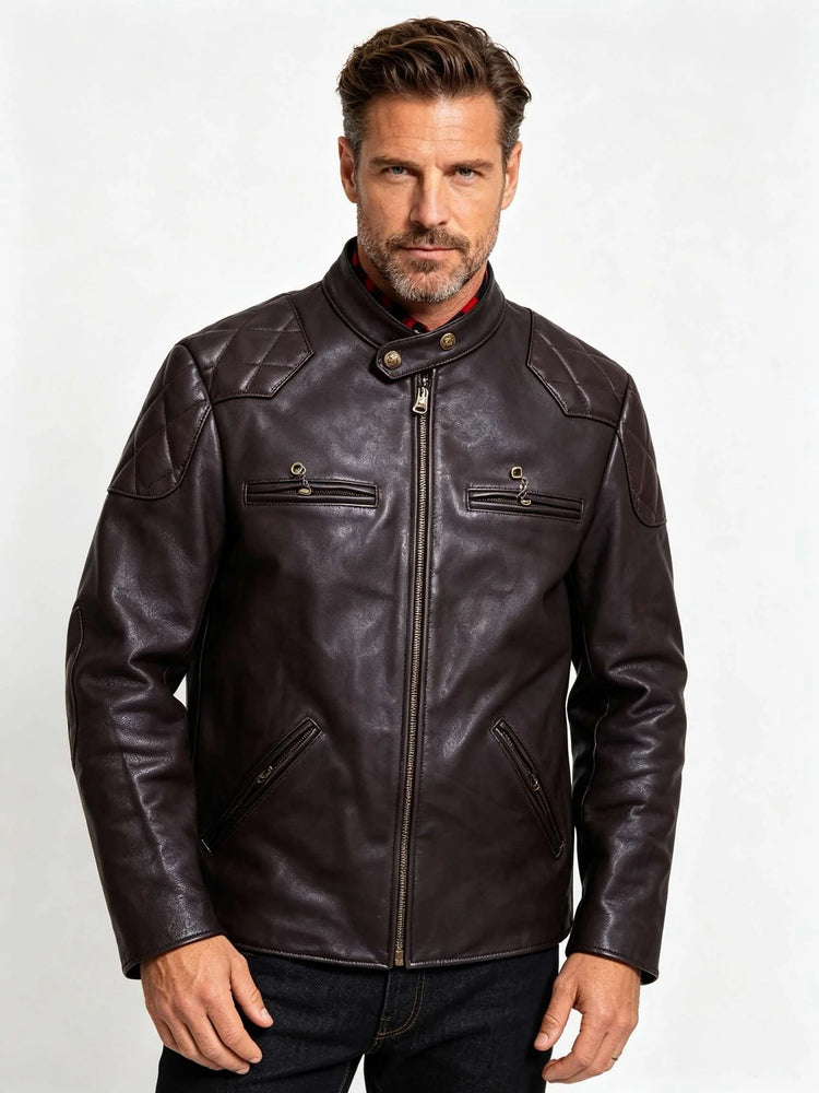 Genuine Leather Jacket Men Black Biker Coat Warm Windproof Snap Collar Zip Pockets Vintage Motorcycle Jacket Autumn Winter