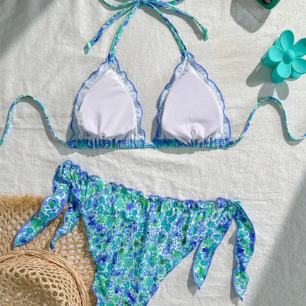 Nuovo Set Bikini Donna Estivo con Stampa Floreale Arancione, Halter con Volant, Push-Up e Perizoma con Laccetti Laterali PlatiNum