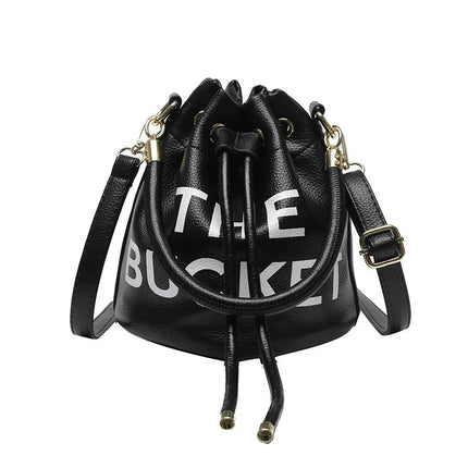 Spring New Fashion Letter PU Leather Bucket Bag Women Simple City Style Shoulder Handbag Trendy Crossbody Satchel Handbag PlatiNum