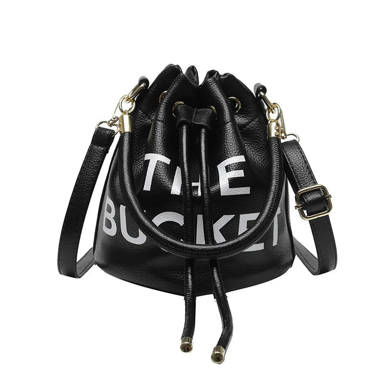 Spring New Fashion Letter PU Leather Bucket Bag Women Simple City Style Shoulder Handbag Trendy Crossbody Satchel Handbag PlatiNum