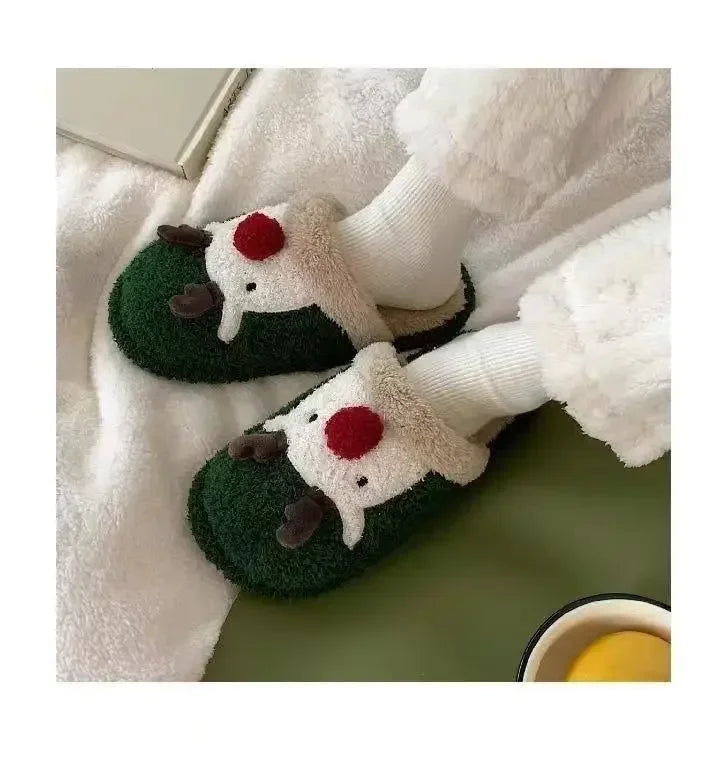 Winter Christmas Women Home Slippers Men Indoor Soft Non-slip Sandals Couples Warm Plush Flat Slides Adults Unisex Lovely Shoes