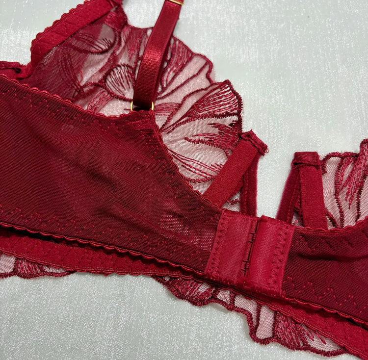 Red Lace Embroidery Bra Set 5-Piece Lingerie Comfortable Push Up Underwear
