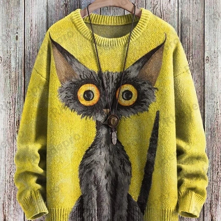 Cute Black Cat Graphic Retro Pattern 3D Printed Men's Knitted Pullover Winter Unisex Casual Warm Knit Pullover Sweater