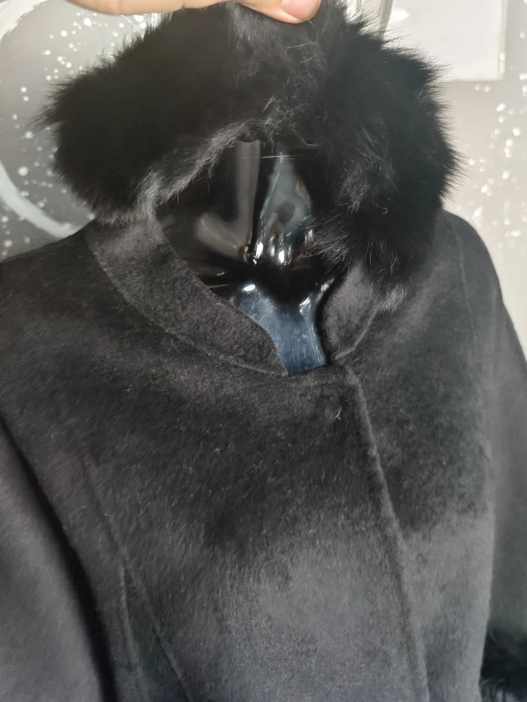 UCXQ Korean Style Two Sided Cloak Overcoat For Women Fur Collars Belt Loose Long Coats 2025 Winter New 23Z2284