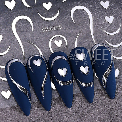 4pcs Valentine's Day Nail Art Stickers 3D Gold/Silver French Lines Love Heart Nail Decals Adhesive Slider Manicure Decorations