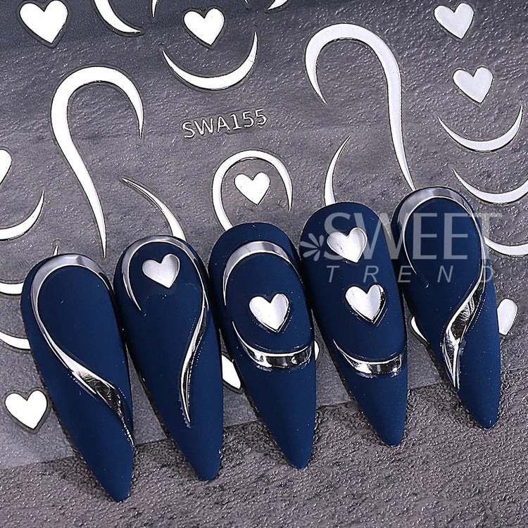 4pcs Valentine's Day Nail Art Stickers 3D Gold/Silver French Lines Love Heart Nail Decals Adhesive Slider Manicure Decorations