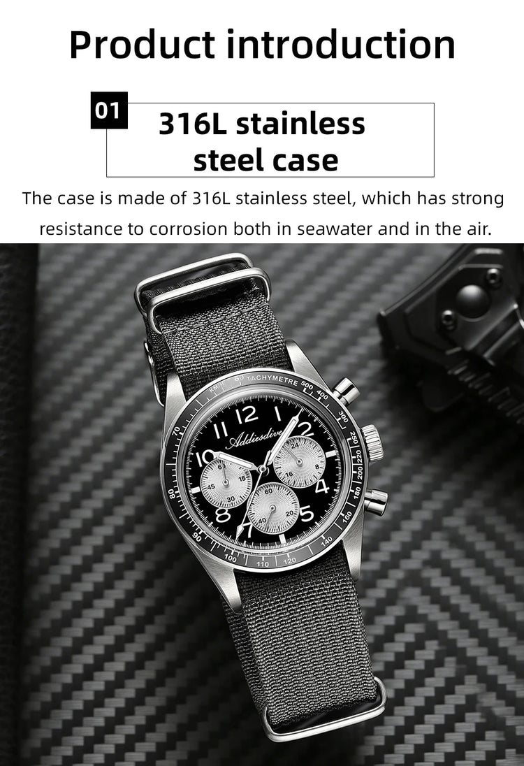 ADDIESDIVE Men's Chronograph Quartz Watch 37mm Bubble Glass 100m Waterproof Watches Ceramic Bezel BGW9 Luminous Sport Wristwatch