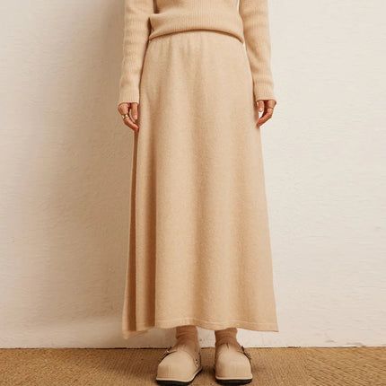 Korean Long Skirt Women's Wave Skirt 100% Cashmere Straight Skirt Knit Autumn Winter Skirt Warm Elegant Casual Knee Length Dress PlatiNum