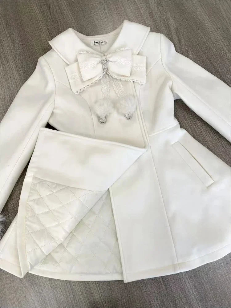 Japanese Autumn Winter Elegant Kawaii Coat Women Faux Fur Collar Long Sleeve Tops Casual Lolita Bow Button Warm Sweet Jacket