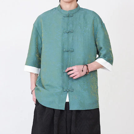 Camicia da Uomo di Lusso con Sfumature Colorate, Jacquard a Maniche Corte, Stile Cinese Tradizionale, Fresca per l'Estate, in Seta Ghiaccio