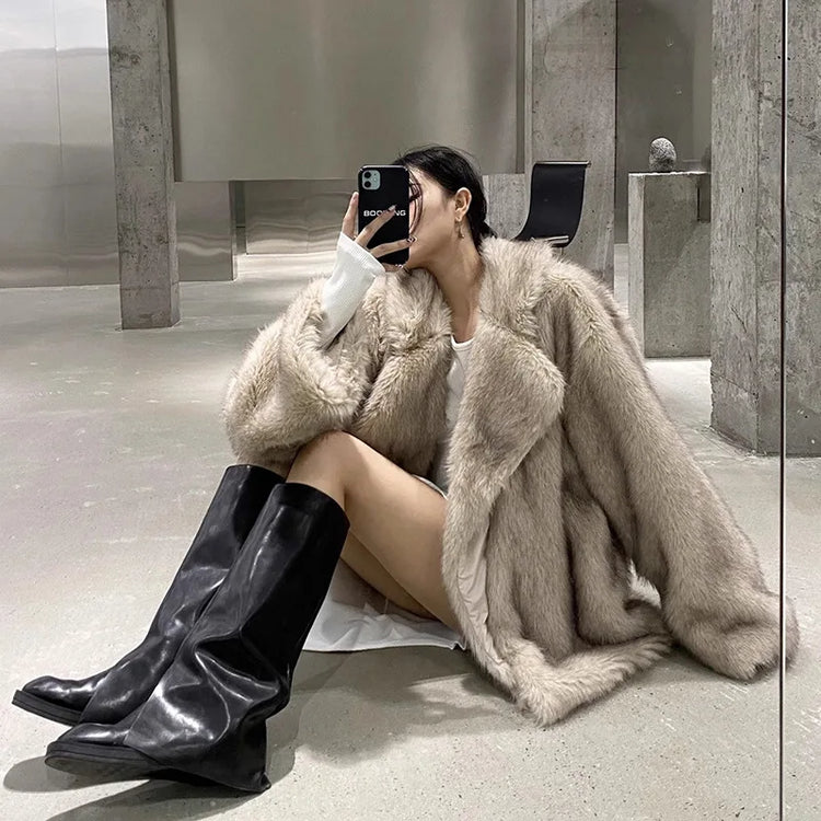 ZADORIN Winter Faux Mink Coat Lapel Mid Long Loose Faux Fur Coat Woman Clothes Luxury Fluffy Jacket Fur Cardigans Ladies Coats