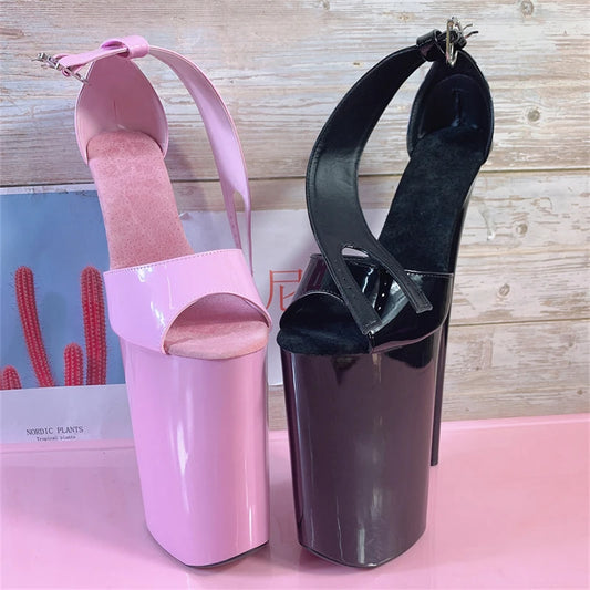 26CM Extreme Heel Sandals Black, Patent Leather Platform Heels with Ankle Strap & Chunky Sole, Ultimate Fetish Shoes