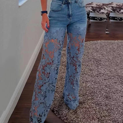 Jeans a Vita Alta e Gamba Larga, Pantaloni Estivi alla Moda con Inserti in Pizzo, Jeans in Denim Traforato e Drappeggiato, Jeans da Donna in Cotone con Cerniera per Primavera