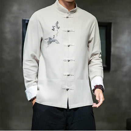 Camicie con ricamo gru Abbigliamento tradizionale cinese vintage Mezza manica da uomo in lino Solido colletto Madarin Cardigan Hanfu Kungfu