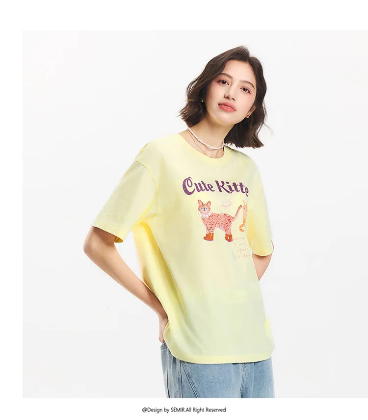T-shirt a maniche corte Semir da donna, lunghezza media, fantasia carina, stile retrò, nuova collezione estiva 2025, top ampio traspirante, stile di nicchia
