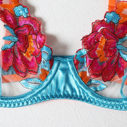 Luxury Embroidery Lingerie Three Piece Sets Sexy Mesh Patchwork See Through Bras And Panties Garter Erotic Intimate Outfits