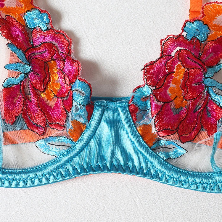Luxury Embroidery Lingerie Three Piece Sets Sexy Mesh Patchwork See Through Bras And Panties Garter Erotic Intimate Outfits