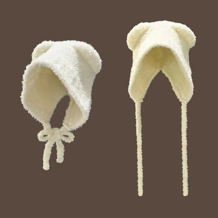 1Pc Women Cute Warm Beanie with Bear Era Earmuffs,Outdoor Travel Cycling Knitt Thick Fluffy Warm Pullover Cap for Autumn/Winter