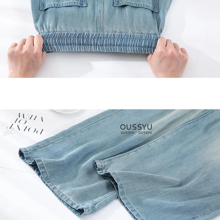 Estate di Lusso Morbido Accogliente 100% Tessuto Lyocell Donna Jeans Allentati Gamba Larga Elastico in Vita Pantaloni Moda Casual Più Lunghezza
