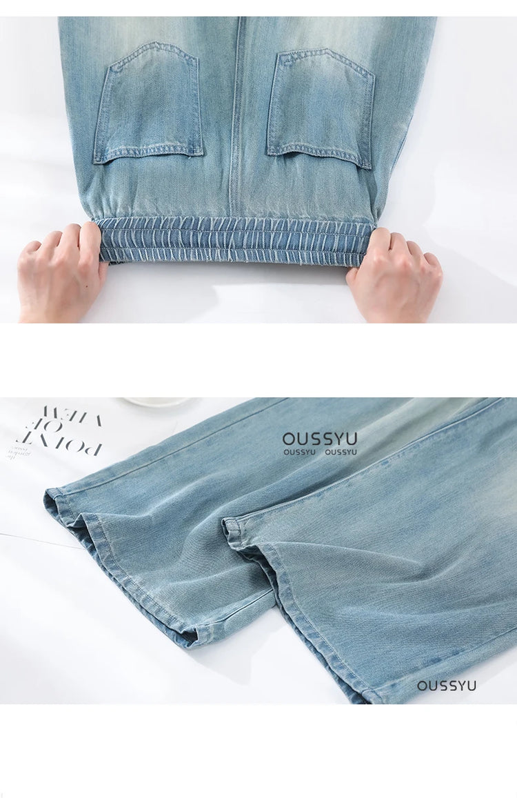 Estate di Lusso Morbido Accogliente 100% Tessuto Lyocell Donna Jeans Allentati Gamba Larga Elastico in Vita Pantaloni Moda Casual Più Lunghezza