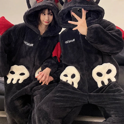 DAIMELU hooded male pajamas set men's cartoon winter thickened coral fleece flannel boy one-piece loungewear suit sleepwear