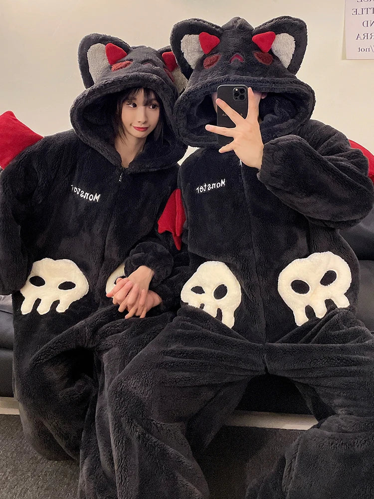 DAIMELU hooded male pajamas set men's cartoon winter thickened coral fleece flannel boy one-piece loungewear suit sleepwear