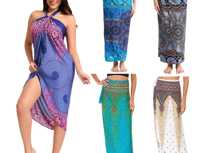 Abito da donna Boho Maxi Wrap Gonna lunga con allacciatura Abito da spiaggia Copricostume Abito vintage bohémien regolabile a vita alta in rayon platinumshop