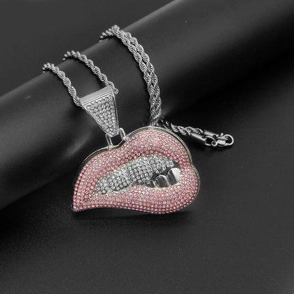 Collana con ciondolo a forma di labbro per morso hip-hop da donna per uomo con catena cubana in cristallo da 13 mm Collane hip-hop ghiacciate Bling Gioielli di moda PlatiNum